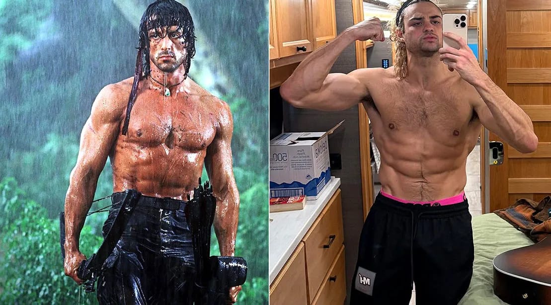 El relevo de la cinta roja: Stallone bendice al nuevo Rambo 1 side by side comparison of Sylvester Stallones Rambo and Noah Centineo in the Rambo Prequel